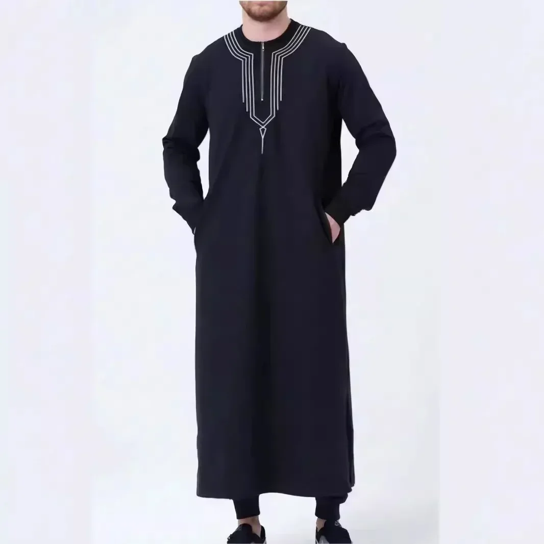 LIBIELIY African Muslim Arab Loose Embroidered Men's Casual Robe, Half Zip Round Neck Long Sleeve Patchwork Robe, Men Spring And