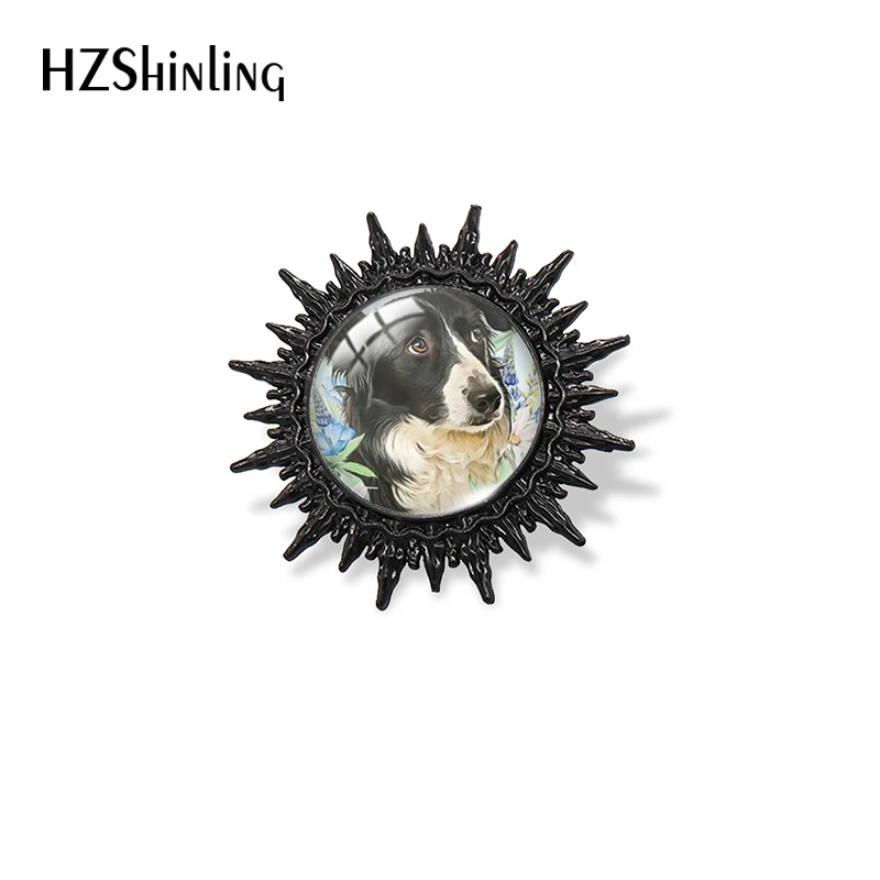 2023 Border collie Flowers Dog Pattern Glass Cabochon Black Brooch Badge Bag Clothes Accessories For Men