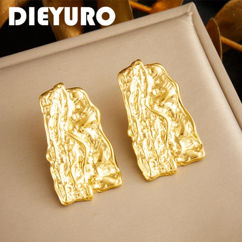 DIEYURO 316L Stainless Steel Trapezoid Irregular Malleolar Stria Golden Colour Earrings Design Fashion Jewelry Party Friend Gift