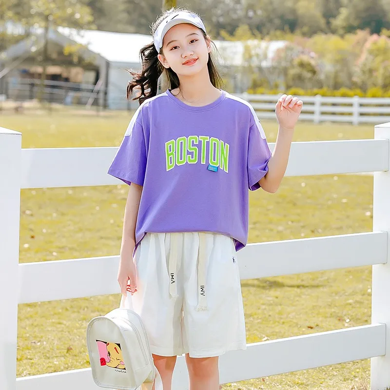 

Loose Spor ort Sve T-irt Summer Wear for High School Girls Cotton Straight Cut Comfortable Fit Ins Sle Casual Tee