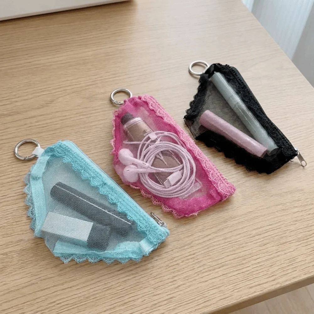 Unique Mesh Briefs Shape Cosmetic Bag Lace Trim Clear Makeup Storage Pouch with Zipper Decorative Travel Cosmetic Bag Jewelry