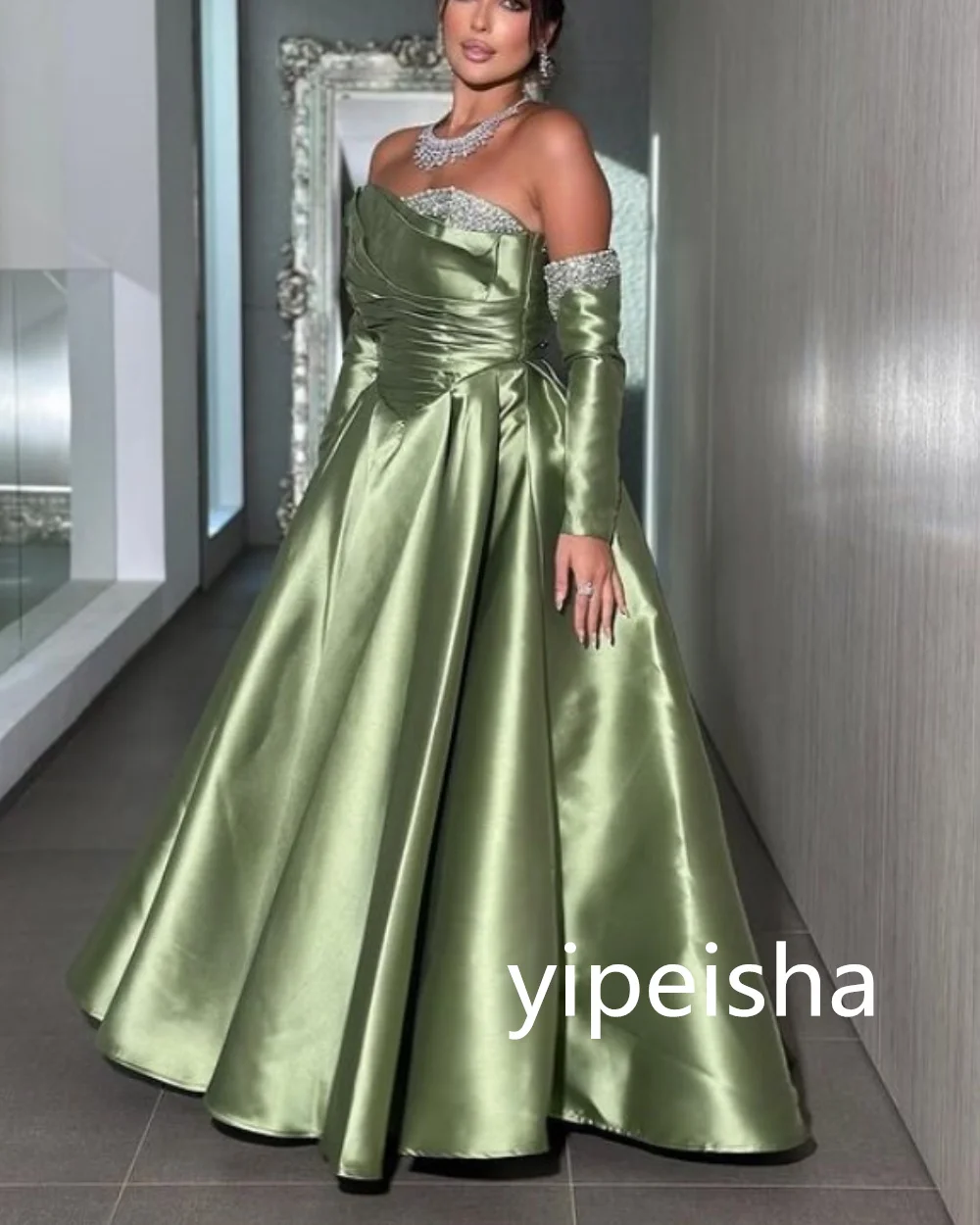 Customized A-line One-shoulder Satin Evening Dresses Draped Floor-Length Prom Gowns Pleat Backless Sequined Party Dresses