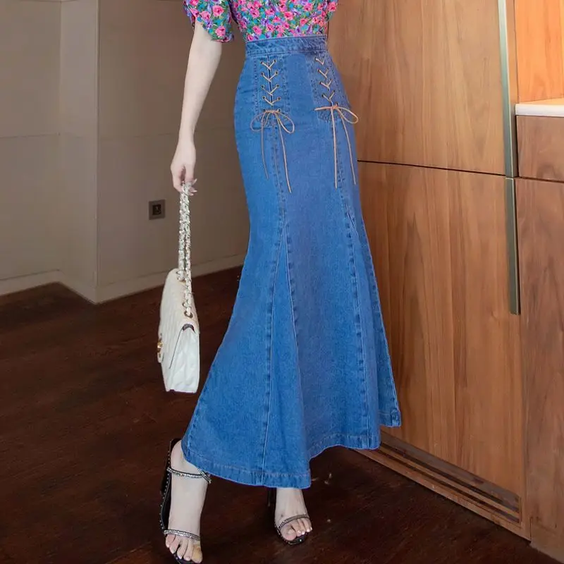 

Женская джинсовая юбка, обтягивающая с завязками, длинные джинсовые юбки с высокой талией для женщин, с запахом, эстетичная Y2k, винтажная, трапециевидная, шикарная и элегантная