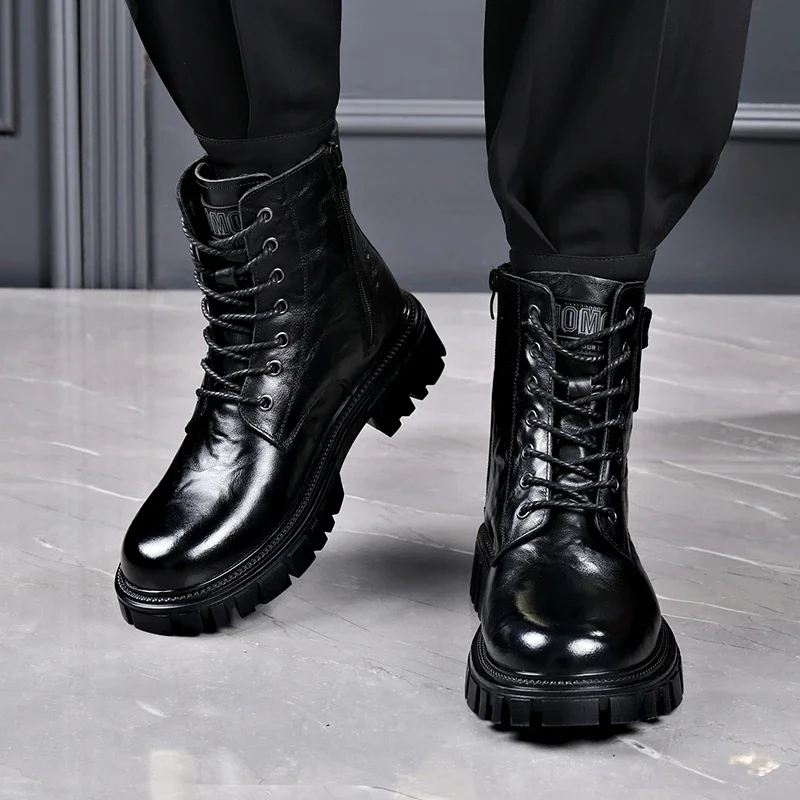 

Soft Leather Martin Boots for Mens Style Retro High Top Motorcycle Riding Leather Boots Mid Length Genuine Leather