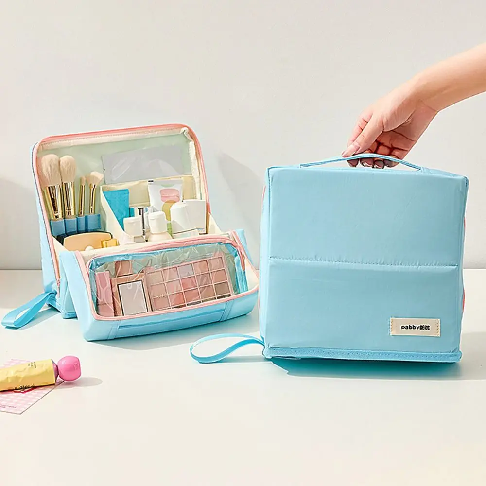 Borsa per trucco verticale di grande capacità Borsa portaoggetti per la cura della pelle standabile multiscomparto portatile divisoria