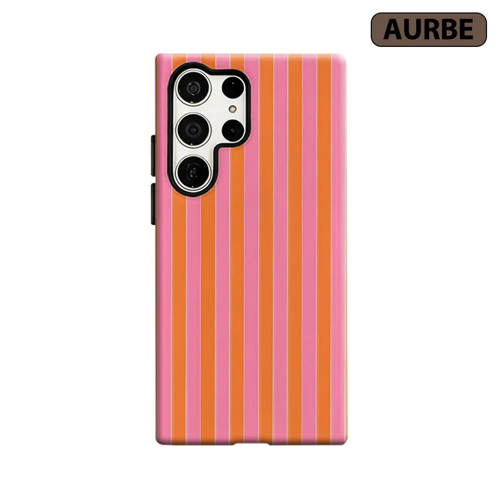 Aurbe Phone Case For Samsung Galaxy S26 S25 S24 S23 Ultra Plus HD Hard Pink & Orange Stripes Double Layer Film Cover