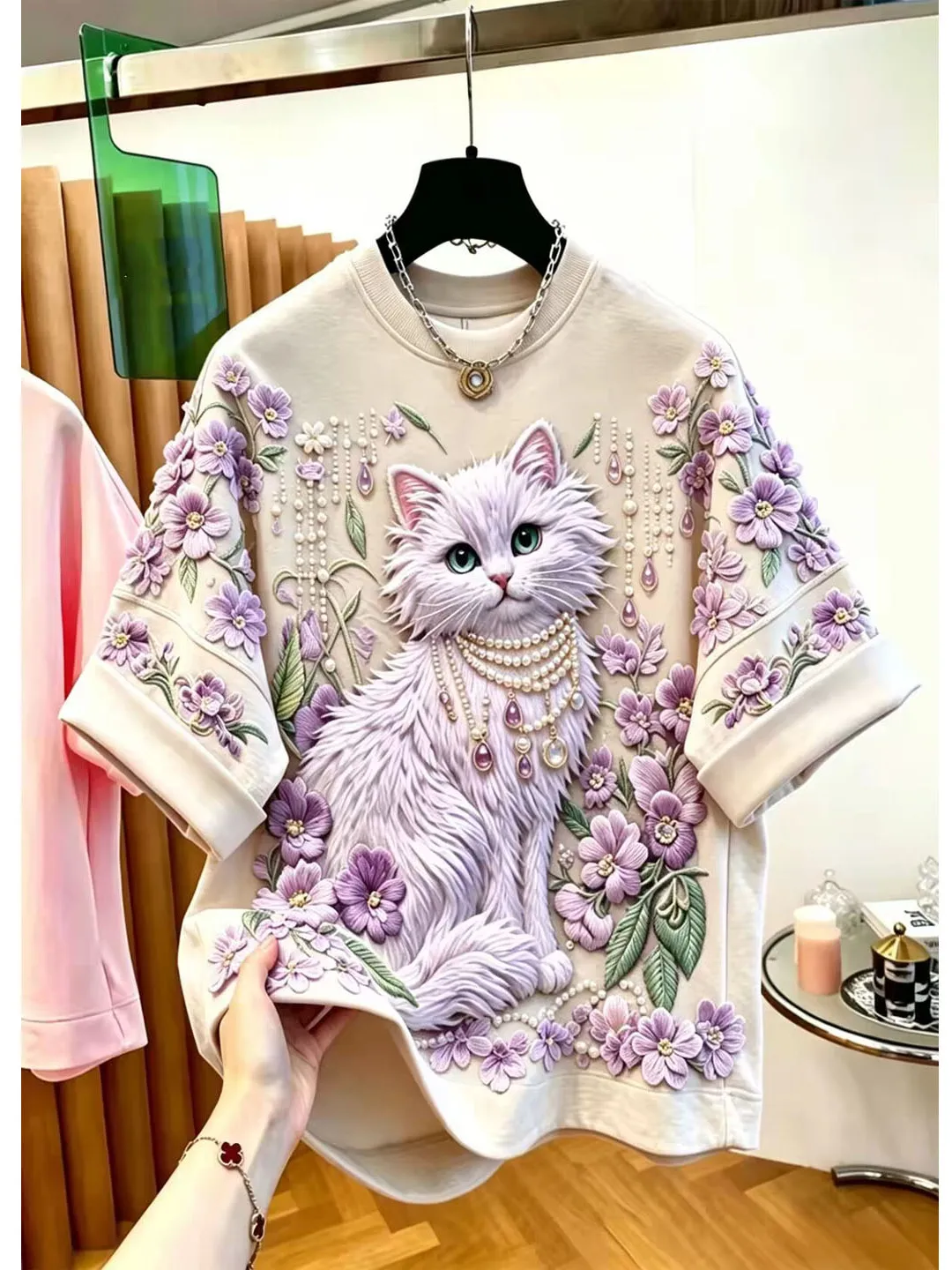Summer 2026 New Elegant Soft Versatile Beaded Print T-shirt Korean Style Loose Fit Creative Pattern Short Sleeve round Neck