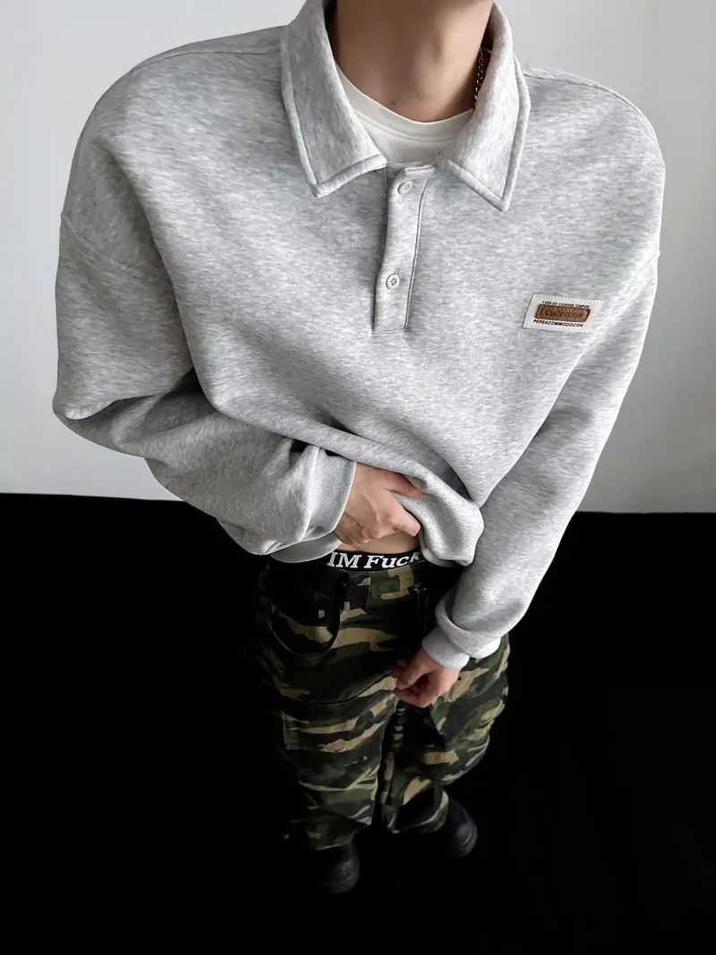 Autumn Men's Casual Solid Color Polo Neck Sweatshirt American Style Couple Loose Long Sleeve Turn down Collar Top Hoodies