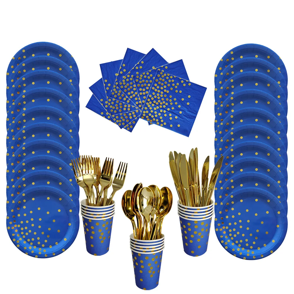 Blue Dot Disposable Tableware Sets Paper Cup Plates Straw for Diy Kids Birthday Party Adult Wedding Decorations Babyshower Decor