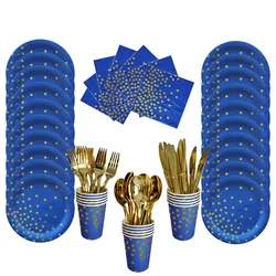 Blue Dot Disposable Tableware Sets Paper Cup Plates Straw for Diy Kids Birthday Party Adult Wedding Decorations Babyshower Decor