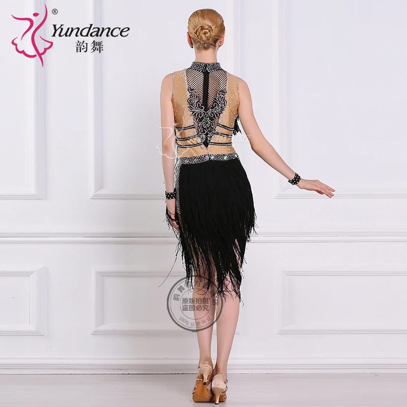 L-16185 Sexy Backless Latin Tassel Dance Rhinestone Dress, High Quality Fringes Latin Dance Dress Women