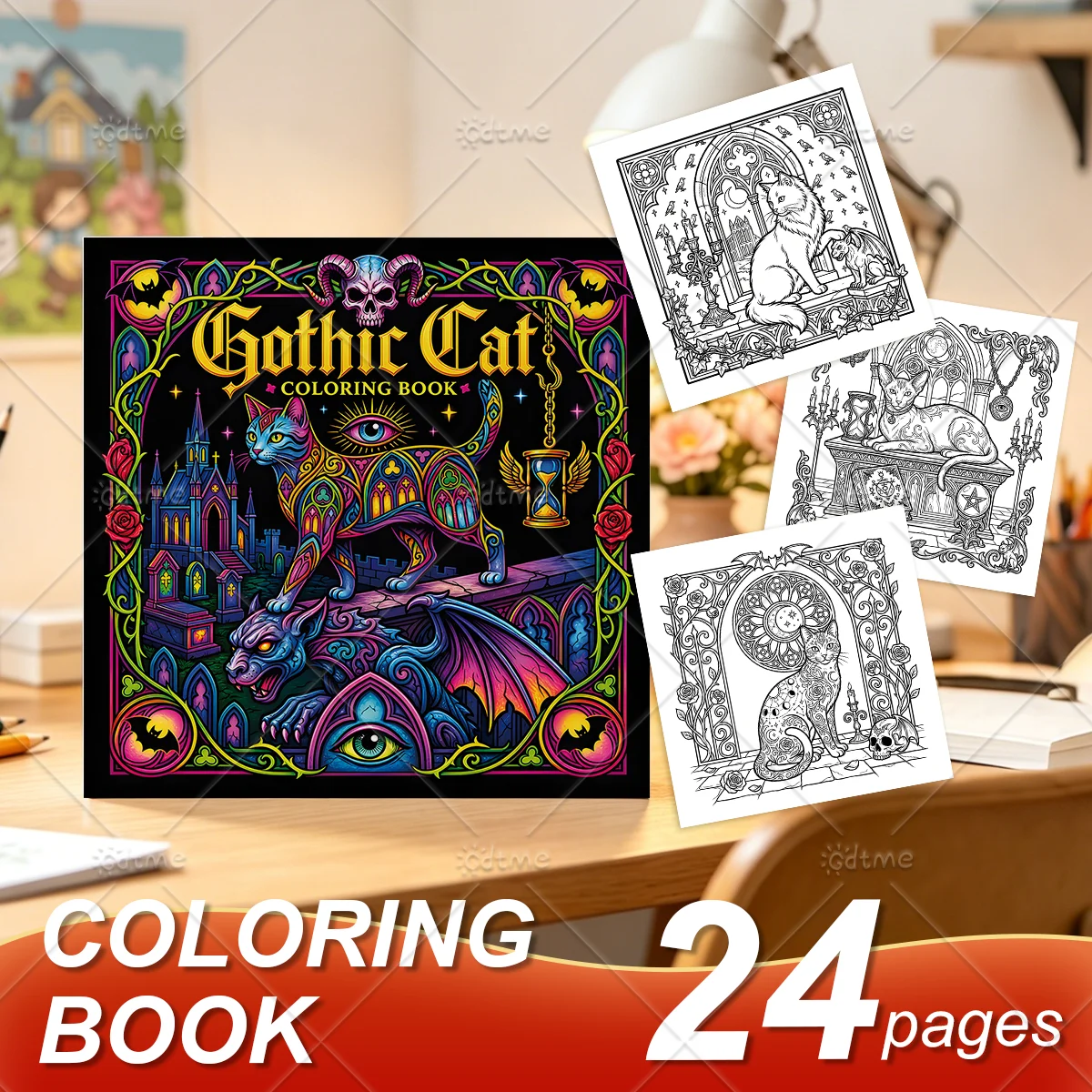 Gothic Cat Adult Coloring Book Mystical Gothic Cat Gargoyle Castle Scenes, Stress & Anxiety Relief Dark Fantasy Art Therapy Book