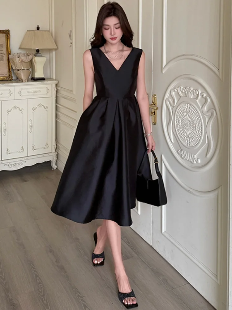 SMTHMA فستان صيفي جديد أسود مثير برقبة على شكل حرف v من الساتان الراقية للنساء بخصر نحيف بدون أكمام للحفلات