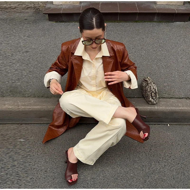 Fashion Loose Solid Pu Leather Coat Women Full Sleeve Lapel Single Breasted Long Coats Female 2026 Autumn Winter Outwear Lady