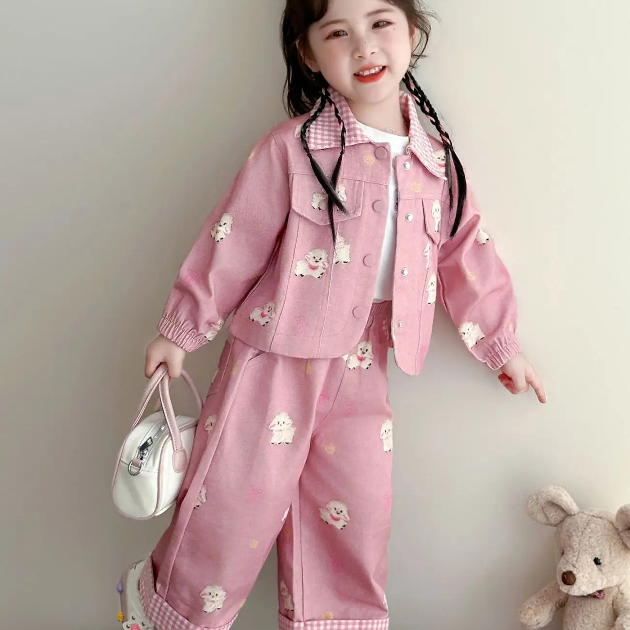 

Girls Casual Suit Spring and Autumn New Children's Cartoon Pink Jacket+Wide Leg Pants 2-piece Set Fashion Outfit