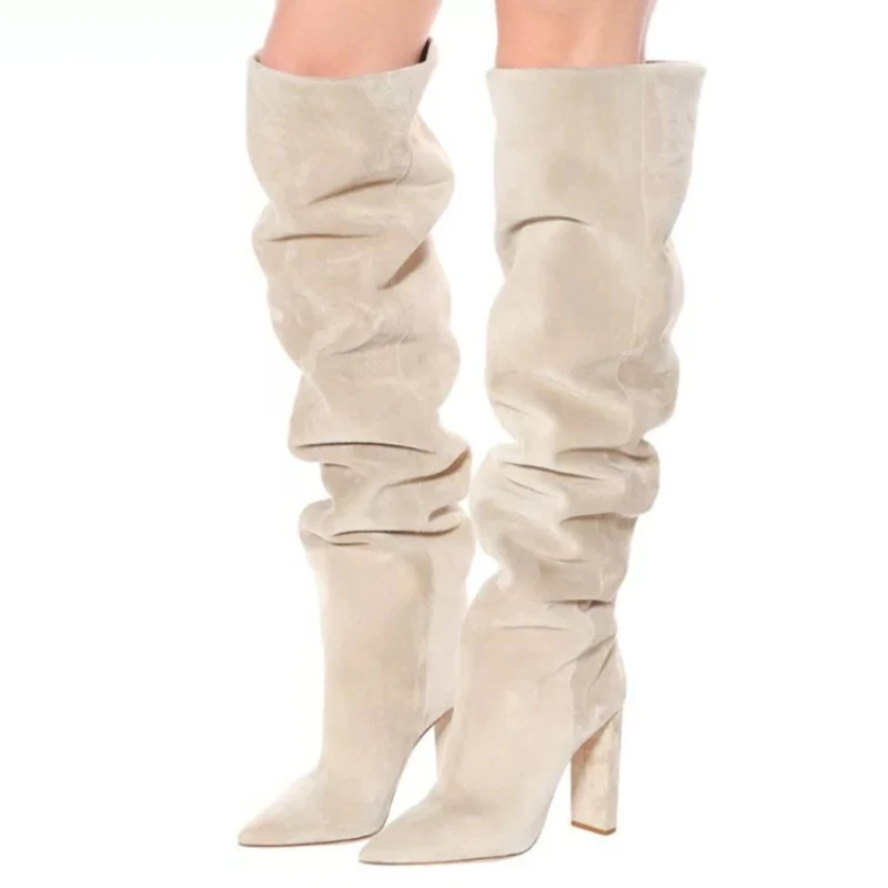 Big Size 43 45 2024 Winter Classics Pointed Toe Knee Boots for Women European and American Style Slip on High Heel Beige Shoes