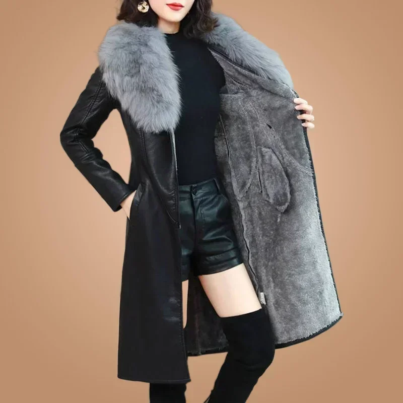 WTEMPO Chaqueta de cuero de invierno con cuello de piel grande para mujer, chaqueta de cuero gruesa de felpa de longitud media coreana con cierre de cintura adelgazante