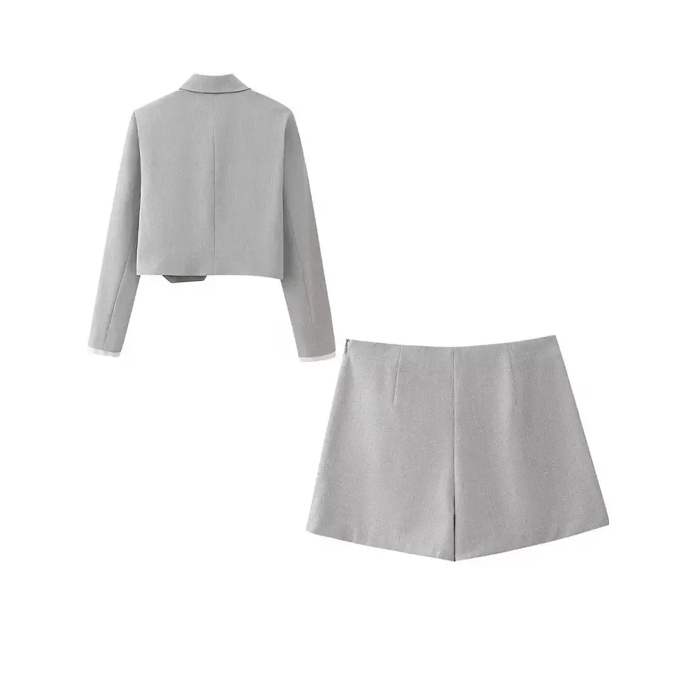 Willshela Women Fashion 2 Pieces Sets Grey Cropped Shirt and Wide Pleated Skort Female Chic Shorts Casual Skirt Coordinates