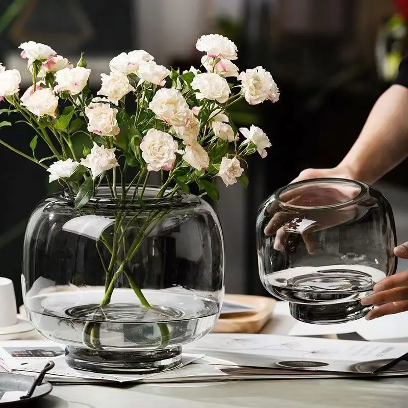 Transparent Glass Vase with Circular Large Mouth Design Living Room Dining Table Hydroponic Flower Arrangement Dual-use Ornament