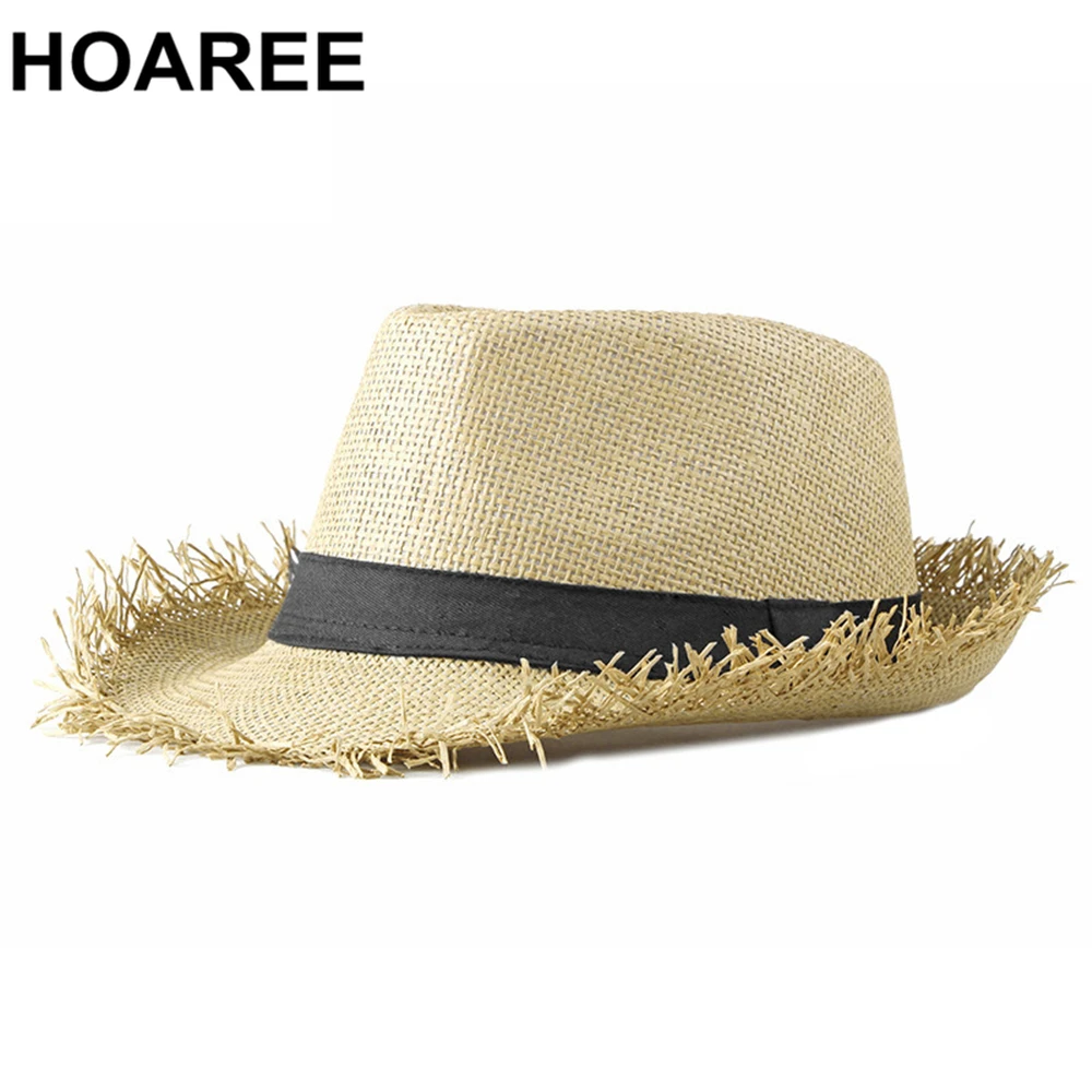 HOAREE Beach Hat Men Summer Panama Cap Casual Trilby Fedora Hat Male Straw Hat UV Protection Wide Brim Sombrero