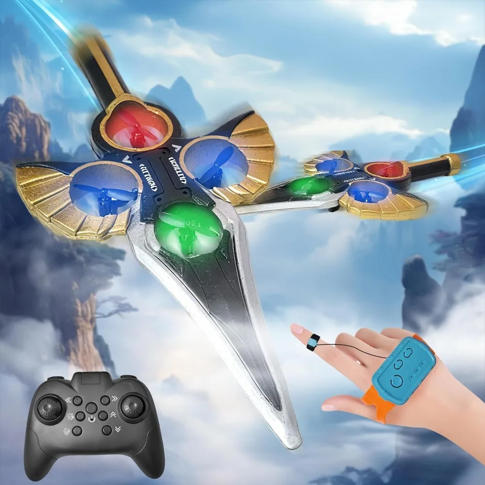 RC Flying Sword Airplane for Kids and Adults Aged 8-16, Gesture-Controlled with LED Lights and 360° Aerial Tricks