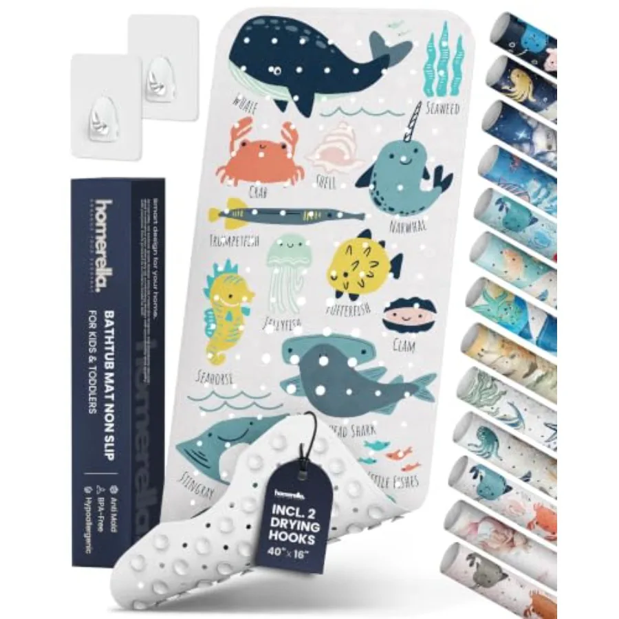 Alfombrilla antideslizante para bañera, antimoho, sin BPA, con ganchos incluidos ® Ocean Sea Animals 40x16, Tapete de baño para bebé antideslizante con 200 ventosas, N