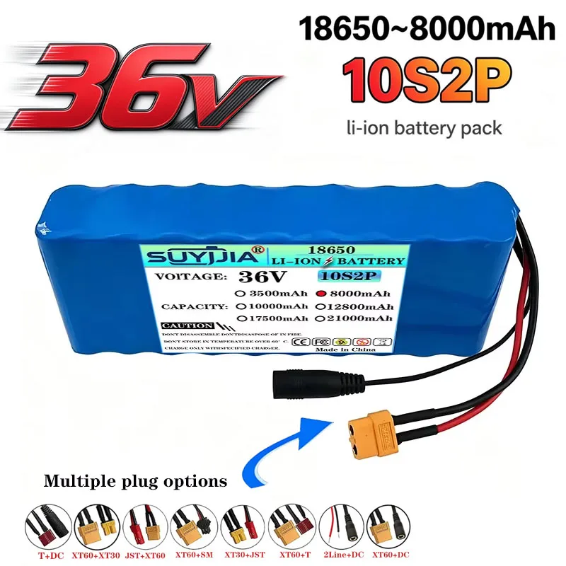 800W High Power 36V 8000mAh Lithium Ion Battery Pack, 10S2P 18650 Rechargeable High Capacity Battery for 36V Electric Motorcycle