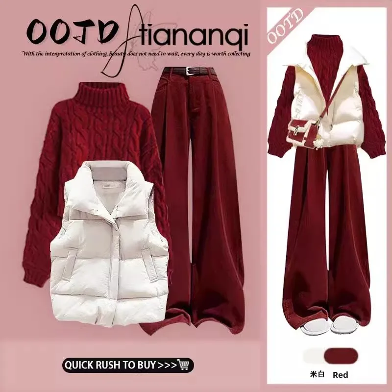 

Осенне-зимний вязаный свитер, хлопковая куртка, утягивающие брюки с широкими штанинами, комплект из трех предметов, женский, красивый, Aosphere Sensation En...