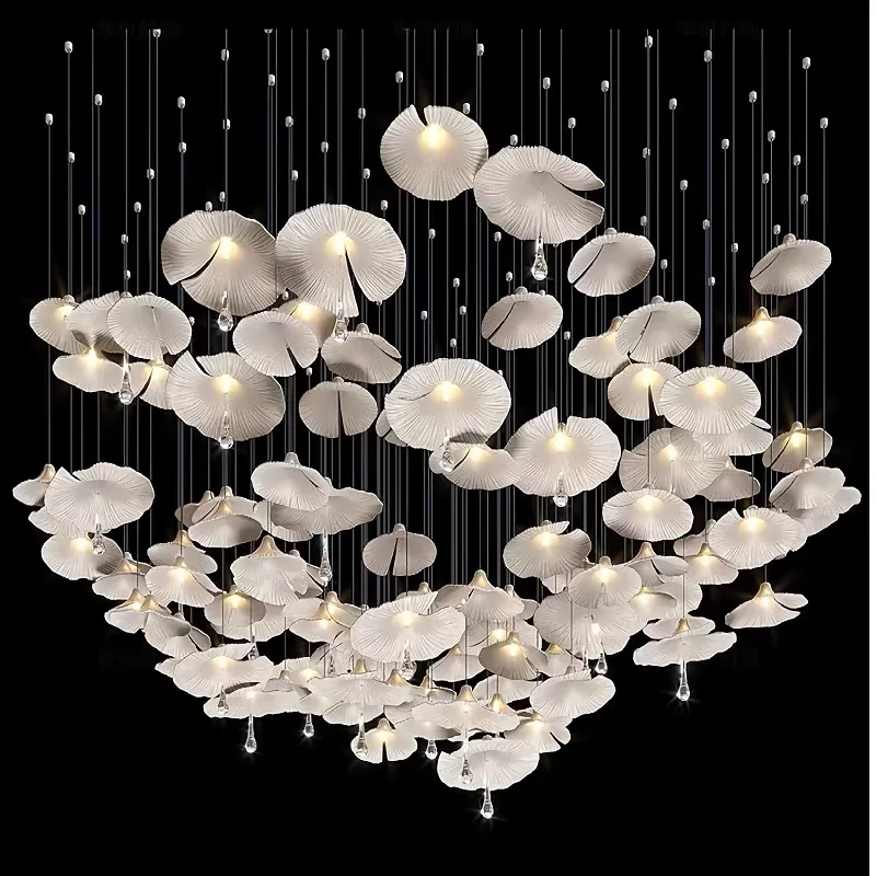 

Luxury Mushroom Ceramic Chandelier White Flower Art Hanging Pendant Light For Sale Hotel Restaurant Lobby Lightings
