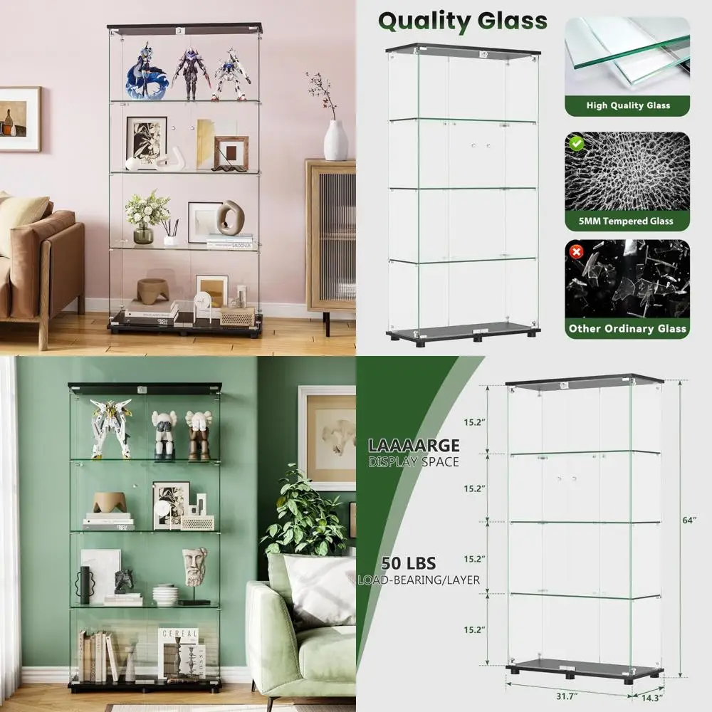 

Floor Standing Glass Display Cabinet with 4 Shelves, Double Doors and Lock, Suitable for Living Room and Bedroom