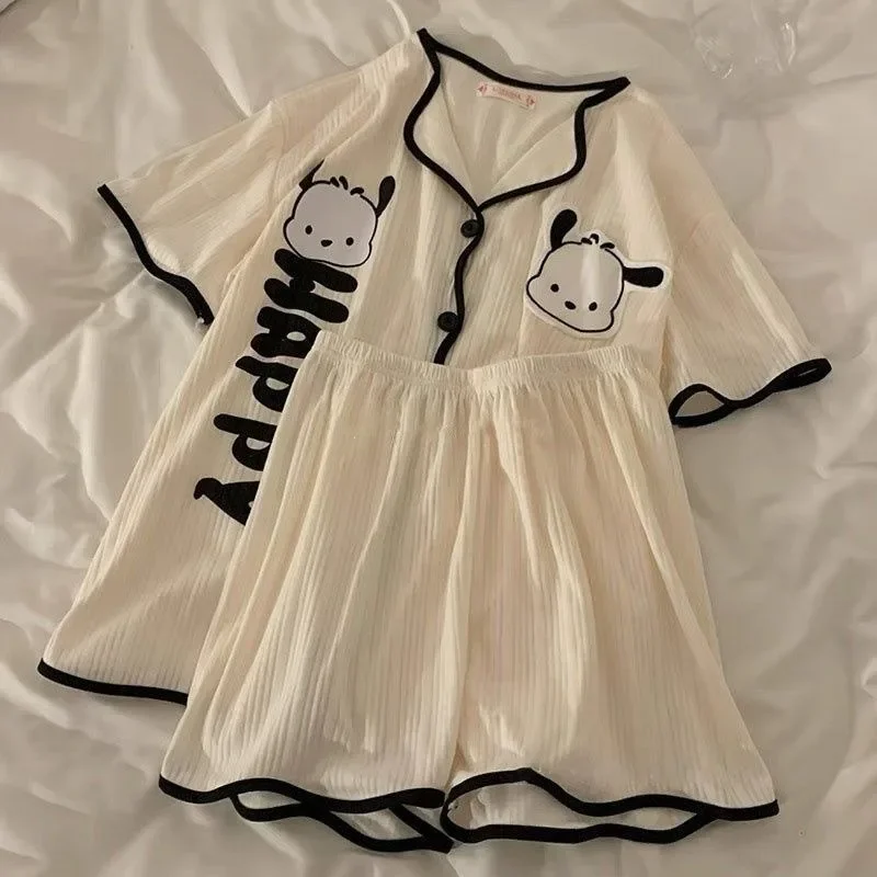 Sanrio Kuromi Pochacco-Conjunto de pijamas para mujer, ropa de dormir holgada de manga corta, pantalón corto, ropa de casa de dibujos animados, regalo