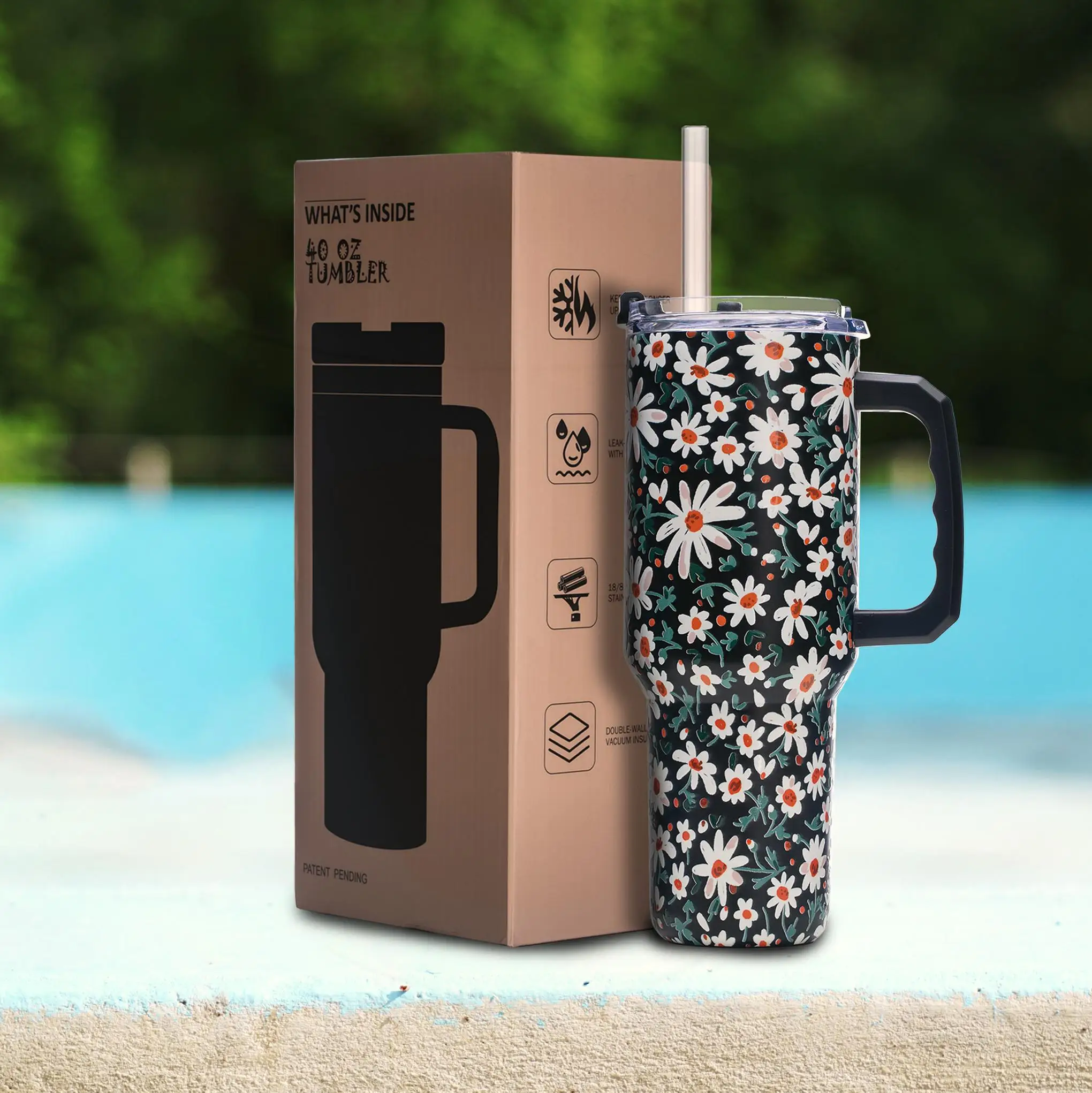 

Стакан Daisy из нержавеющей стали емкостью 40 унций с вакуумной изоляцией и ручкой, защищенная от пота отделка для горячих и холодных напитков, с противоскользящей основой