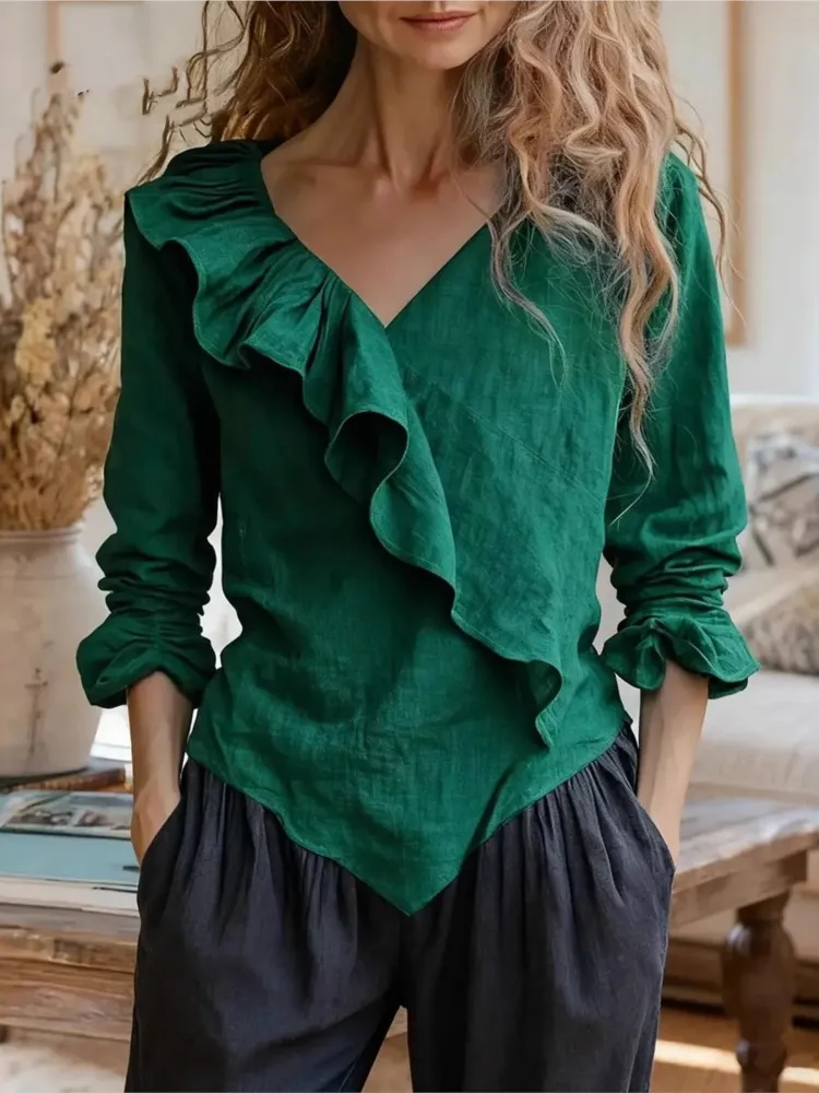 Fashion Retro Cotton Linen Ruffled Women's Long-sleeved Shirts Spring Autumn New Casual Loose V-neck Versatile Female Tops 2026