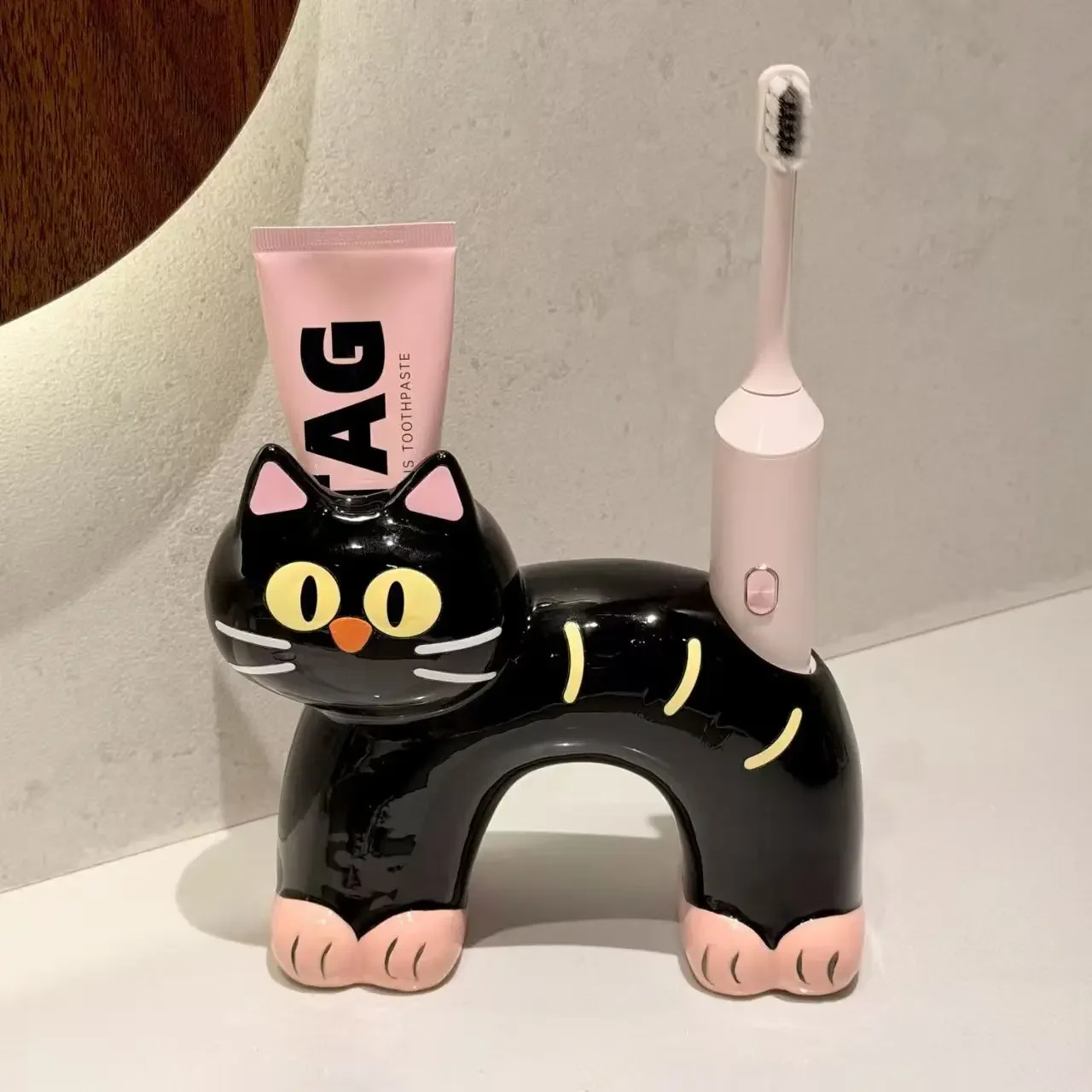Siamese Cat Electric Toothbrush Holder Ceramic Countertop Toothbrush Stand Toothpaste Toothbrush Storage Rack