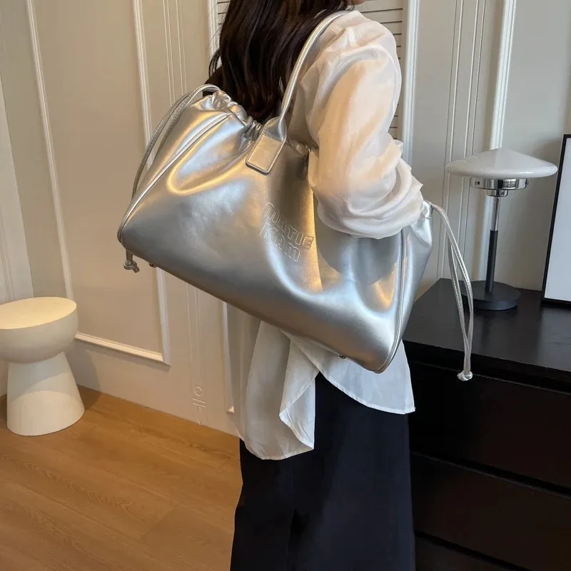 PU Leather Large Capacity Shoulder Bags Women Retro Drawstring Fashion Casual Handbag Female 2024 New Big Shopping Tote Bag Lady