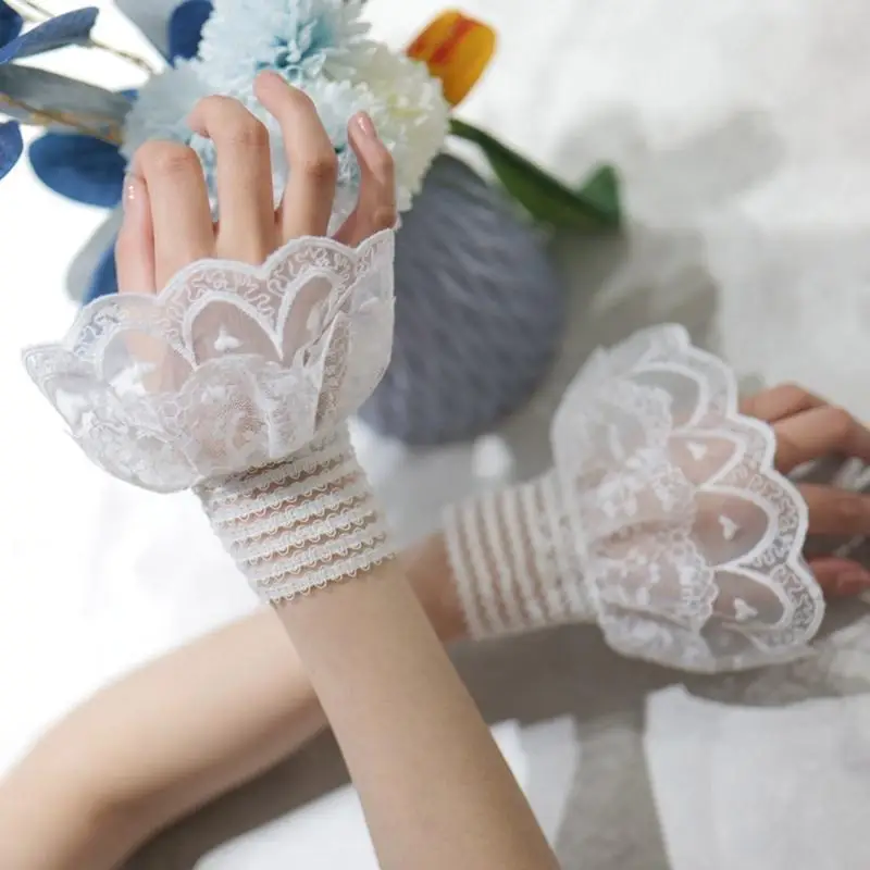 

50LE Ruffle False Sleeves Sweater Lace Cuff Sleeves Elegant Decorative Sleeves Elastic Hand Cuffs French Shirt Sleeves