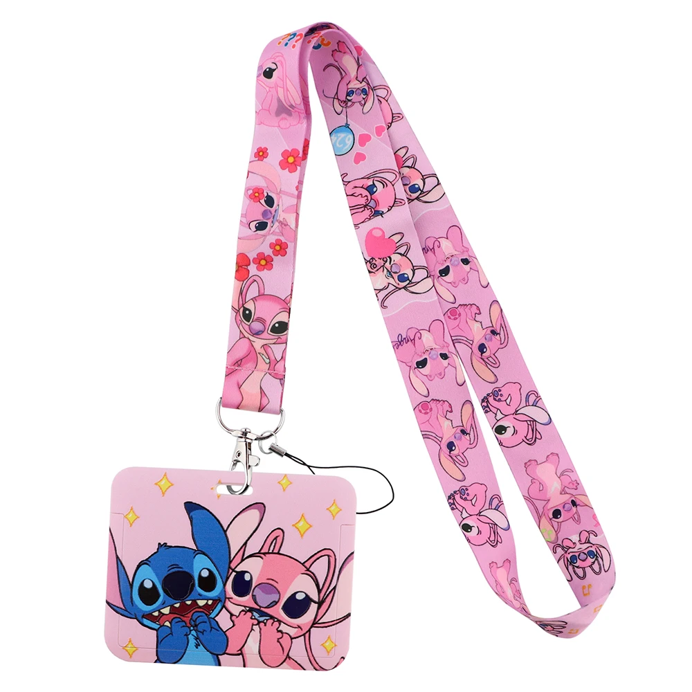 Yq776 Stitch En Roze Angel Lanyard Reizen Id Kaart Cover Badge Houder Cartoon Sleutelhanger Nekband Telefoon Koord Lariat