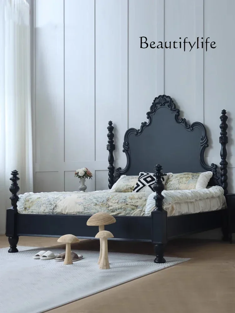 F French Retro Black Solid Wood Bed Old Retro Wedding Bed Light Luxury European Light Luxury Double Bed