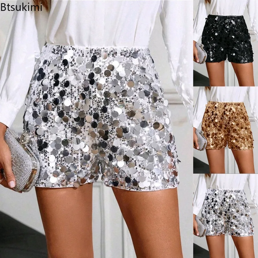 New 2026 Summer Women's Silver Sequin Shorts High Waist Mini Ladies Fashion Shiny Glitter Elegant Pant for Women Y2K Trousers