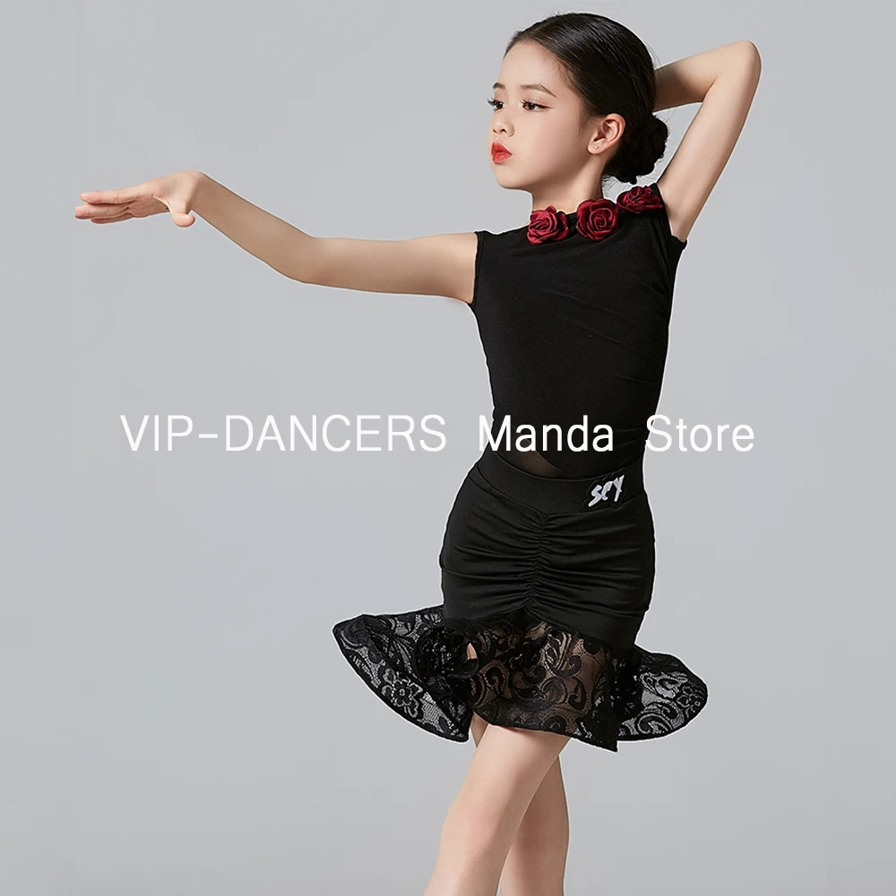 Black Latin Dance Competiton Dress Girls Samba Cha Cha Dance Stage Performace Wear Practice Clothes Dancer Wear Top Skirt VDL502