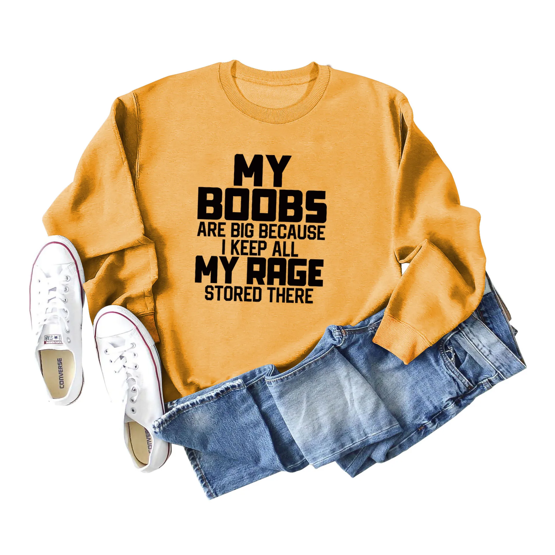 

MY BOOBS ARE BIG BECAUSE Fashion Ladies Round Neck Letter Ladies Long Sleeve Loose Sweater