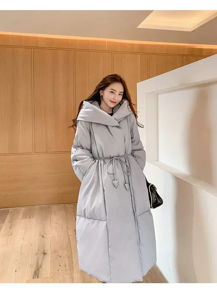 Inverno europeu novo 90 pato branco para baixo casaco feminino na altura do joelho moda solta rendas até capuz à prova de vento quente parkas casaco