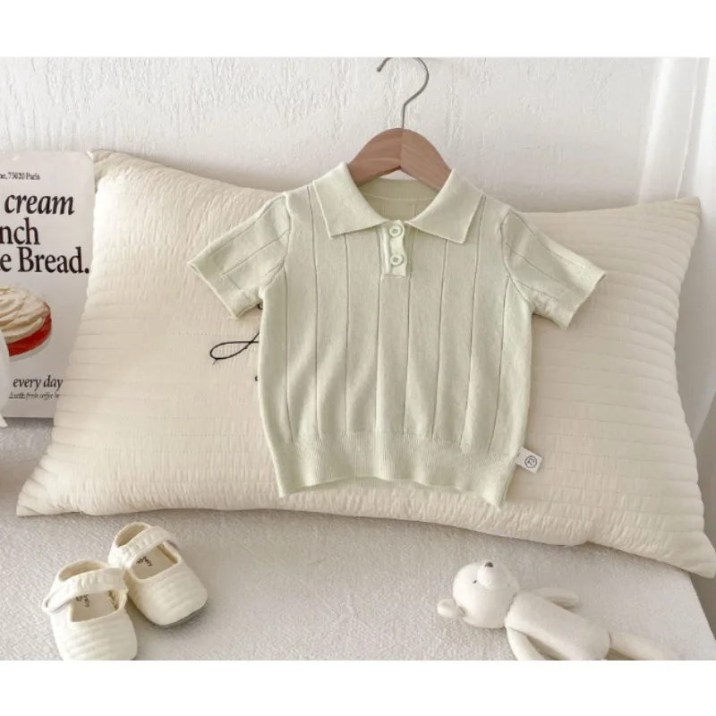 Korean  Spring/summer Baby Elasticity Hood Children's Baby Flip Collar  Knitted Shirt Short Sleeved Thin Summer Top