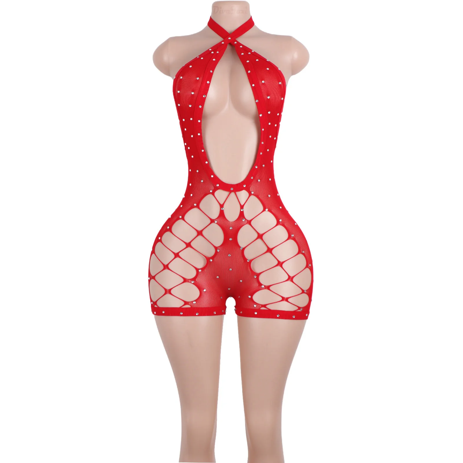 

Women Sexy Collection Exotic Dancewear Shiny Mesh Shorts Backless Bodysuit Women Custom Crystal Adult Stage Outfit