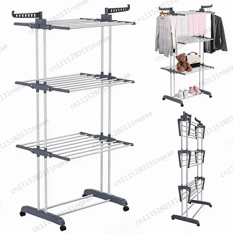 Iron Floor Folding Telescopic Three-layer Double Rod Drying Rack Indoor Wardrobe Towel Multi-functional Storage Rack