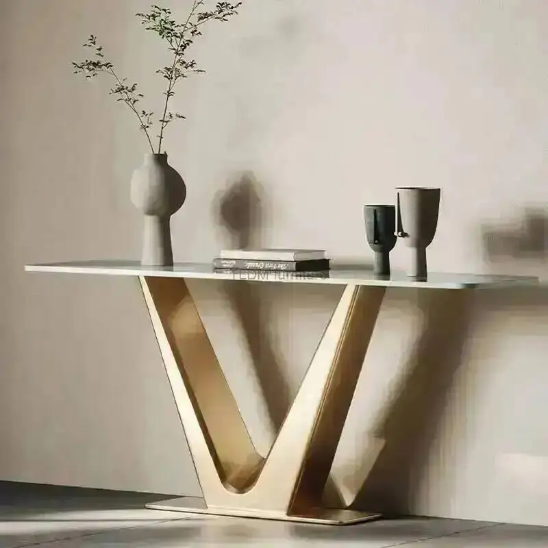 Luxury Italian Light Console Entrance Tables Home Furniture Living Room Stainless Steel Porch Table with Lamp Modern Slate Table