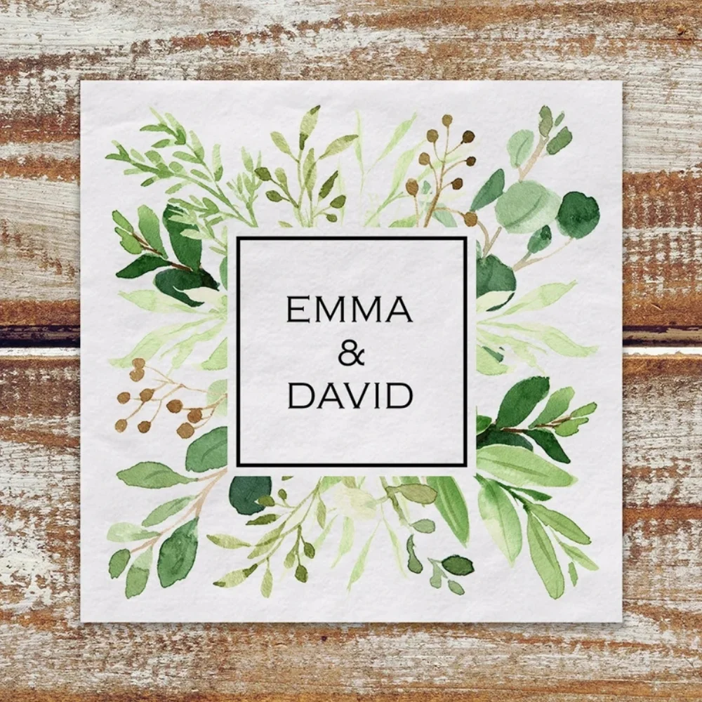 50pcs Wedding Greenery Personalized Cocktail Napkins, Watercolor Greenery White Beverage Napkins, Boho Outdoor Wedding