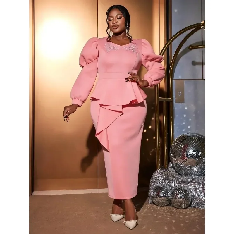 女性用エレガントなピンクのイブニングパーティードレス、Oネック、アップリケ、ロングパフスリーブ、ハイウエスト、ボディコン、誕生日、プロム、クリスマスイベント用ローブ