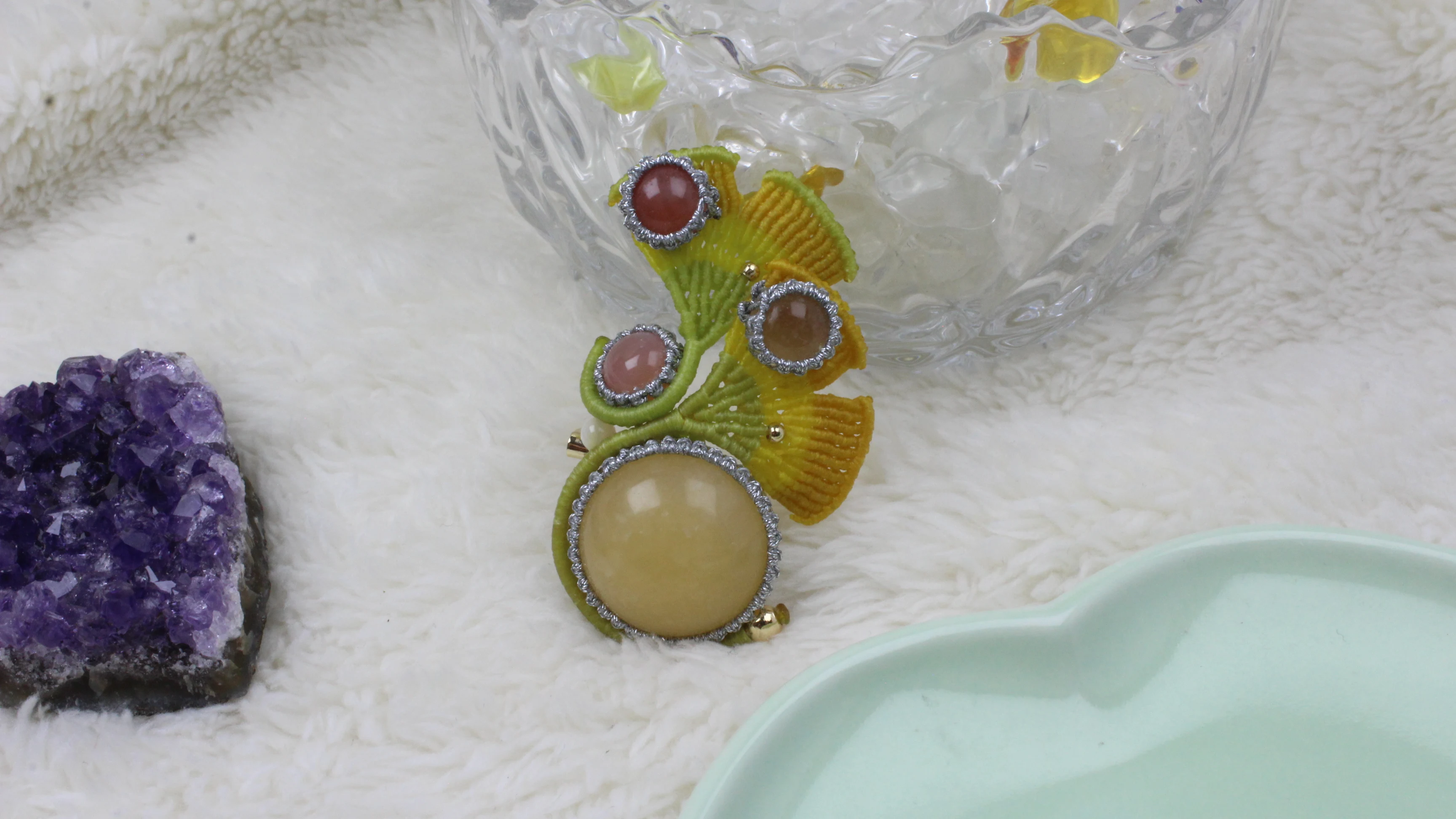 

Macrame Handmade Wax Polyster Cord Woven Round Topaz Natural Stone Ginkgo Leaf Brooch Exclusive Custom Design Gift for Women