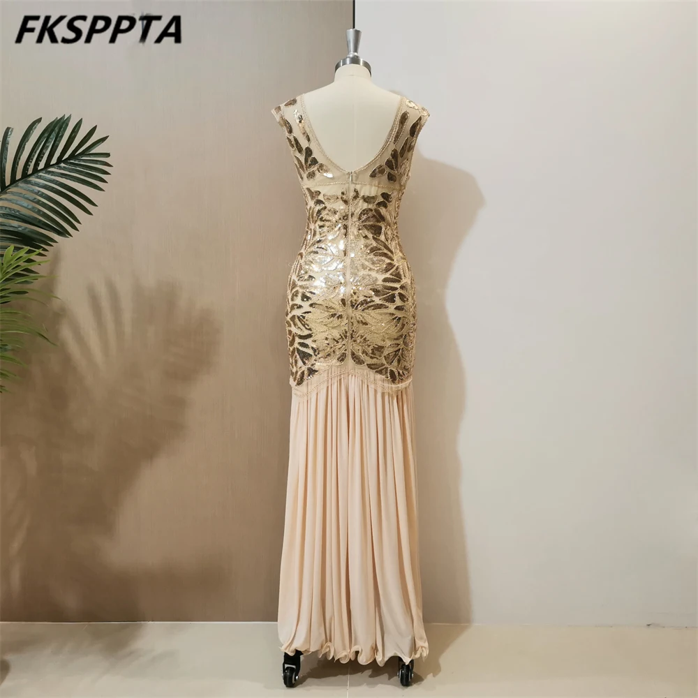 Abito lungo a sirena In oro taglie forti da sera splendido Tulle senza schienale con paillettes 2024 In Stock abito da donna per occasioni formali Robe De Soiree